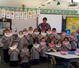 Pam with a Kindergarten class at St Jude’s to remind them the importance of brushing